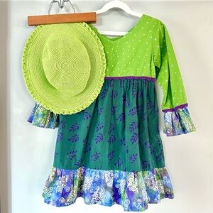Young Colors Girls Dress & Hat Set Size 8 Green Polka Dot Ruffle Cottagecore